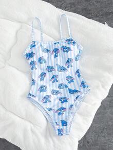 Swim Mod 春夏新款欧美风性感连体泳衣，高腰三角泳裤，海洋生物印花撞色细肩带，胸部褶皱设计，露背，女士/女孩连体泳衣，甜美保暖春季海滩度假风 - 彩色 - 查看 6