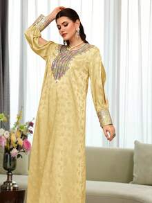 Al Najma Geometric Neckline Floral Beaded Striped Tie-Front Jacquard Arabic Style Dress - Yellow - View 5