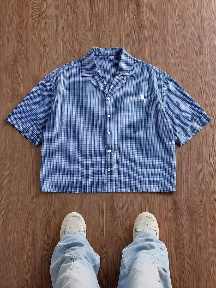 SWAVVY Men's Plaid Embroidered Knight Pattern Single-Breasted Casual Versatile Daily Wear Shirt - Blue - View 1