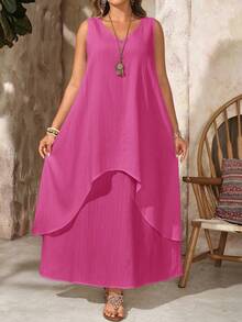 EMERY ROSE Plus Size Women V-Neck Sleeveless 2 In 1 Rose Red Long Flowy Dress,Pastel Pink,Summer,Boho,Beach,Holiday,Vacation Outfits,Spring Break,Casual Wear - Hot Pink - View 2