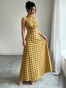 Modelyn New Retro French Polka Dot Halter Neck Dress, Fashionable Elegant Casual Vacation Style Waist Cinched Dress For Women - Yellow - View 6