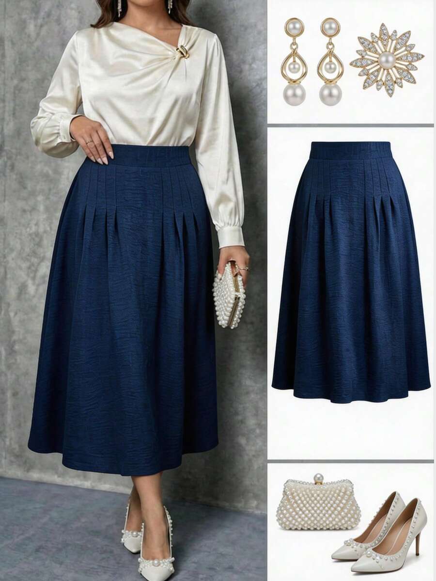 Modelyn Plusstorlek Kvinnor Hög Midja Plisserad Casual/Arbetskjol - Blå - Visa 1