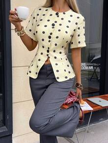 Siren Gaze Women's Black White Polka Dot Pattern Short Sleeve Single-Breasted Casual Shirt,Summer,Elegant,Vintage,Tea Party Tea Party Flattering Top - Light Yellow - View 4
