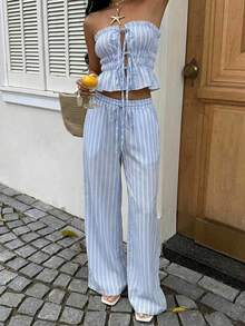 Sunnyshic 2pcs Women Blue Striped Pants Set, Fashion Versatile All-Match Casual Outfit For Daily, Beach, Holiday, Spring/Summer - Blue - View 6
