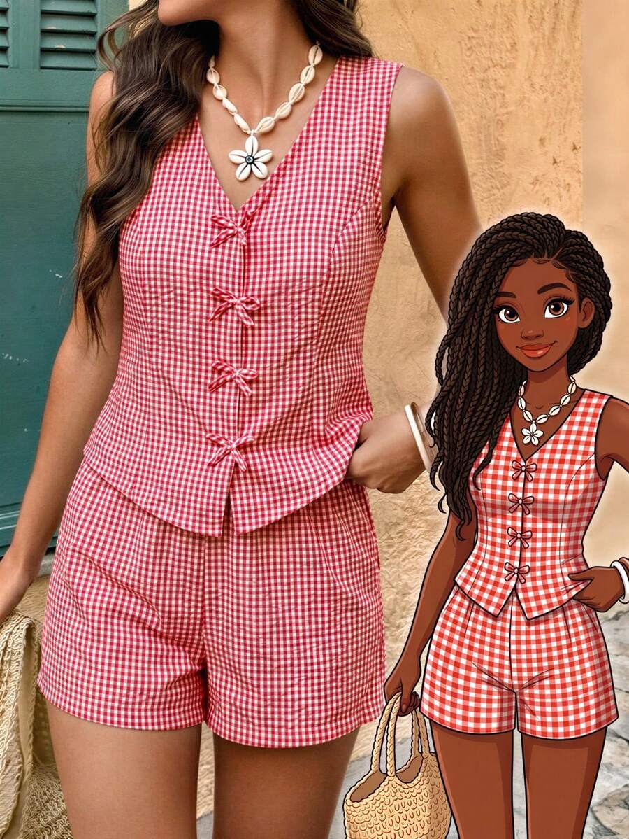 红白格子无袖领结两件套，V领无袖设计，饰有4个精致蝴蝶结，收腰设计凸显身材，搭配同款格子松紧腰短裤，宽松版型适合各种体型，复古格子与甜美领结的组合，打造出独特的亮点，充满活力和青春气息，是日常和轻松社交场合的百搭之选！ - 紅色 - 查看 1