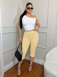SHEIN SXY Women's Solid Color Minimalist Casual Split Hem Capri Leggings - Yellow - View 5