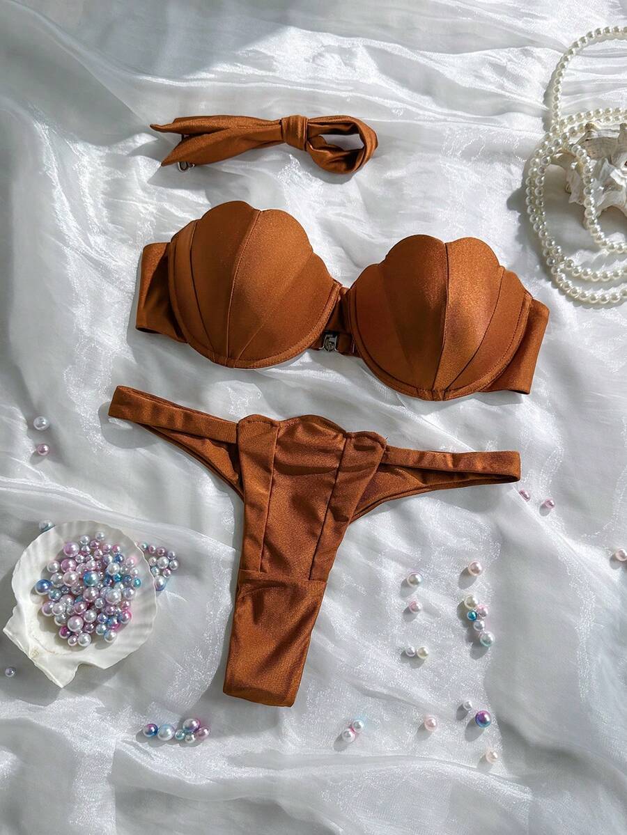 Swim Mod Petal Patchwork Hard Cup Detachable Strap Solid Color Sexy 2 Pieces Swimwear - Brown - View 1