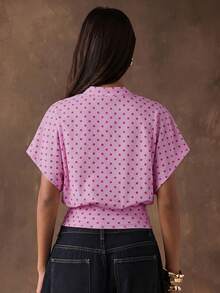 SHEIN BAE 女士圆领波点印花蝙蝠袖短袖修身T恤，适合夏季约会和外出穿着 - 粉色 - 查看 2
