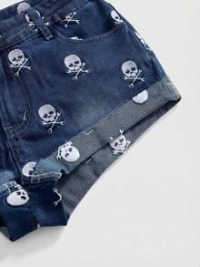 ROMWE Grunge Punk 女士复古Y2K朋克风超低腰牛仔短裤 - 中等水洗藍 - 查看 4