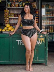 Swim Mod Plus Size Summer Vacation Beach Polka Dot Print Ruffle Trim Bikini Set - Black and White - View 5