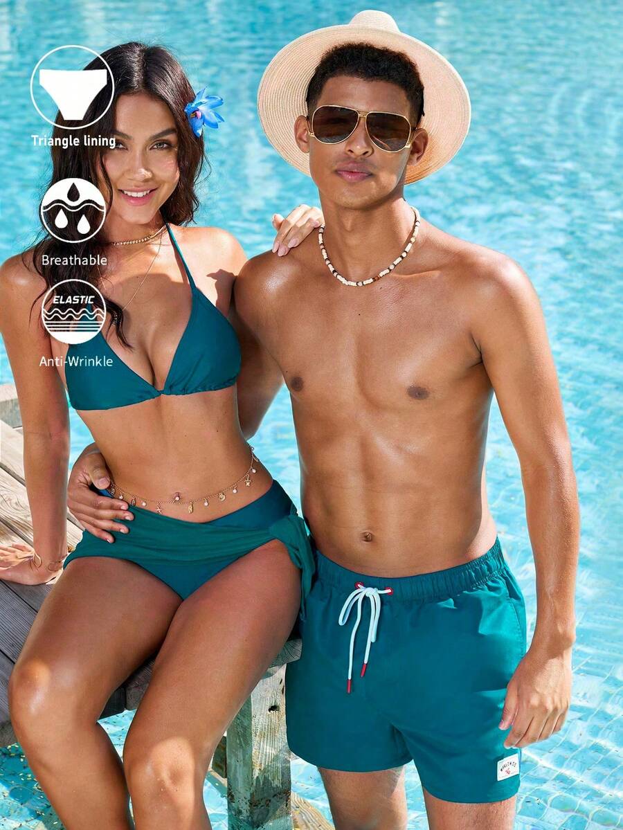 Manfinity VDAYZ Men's Summer Holiday Letter Patch Drawstring Waist Beach Shorts - Dusty Blue - View 1