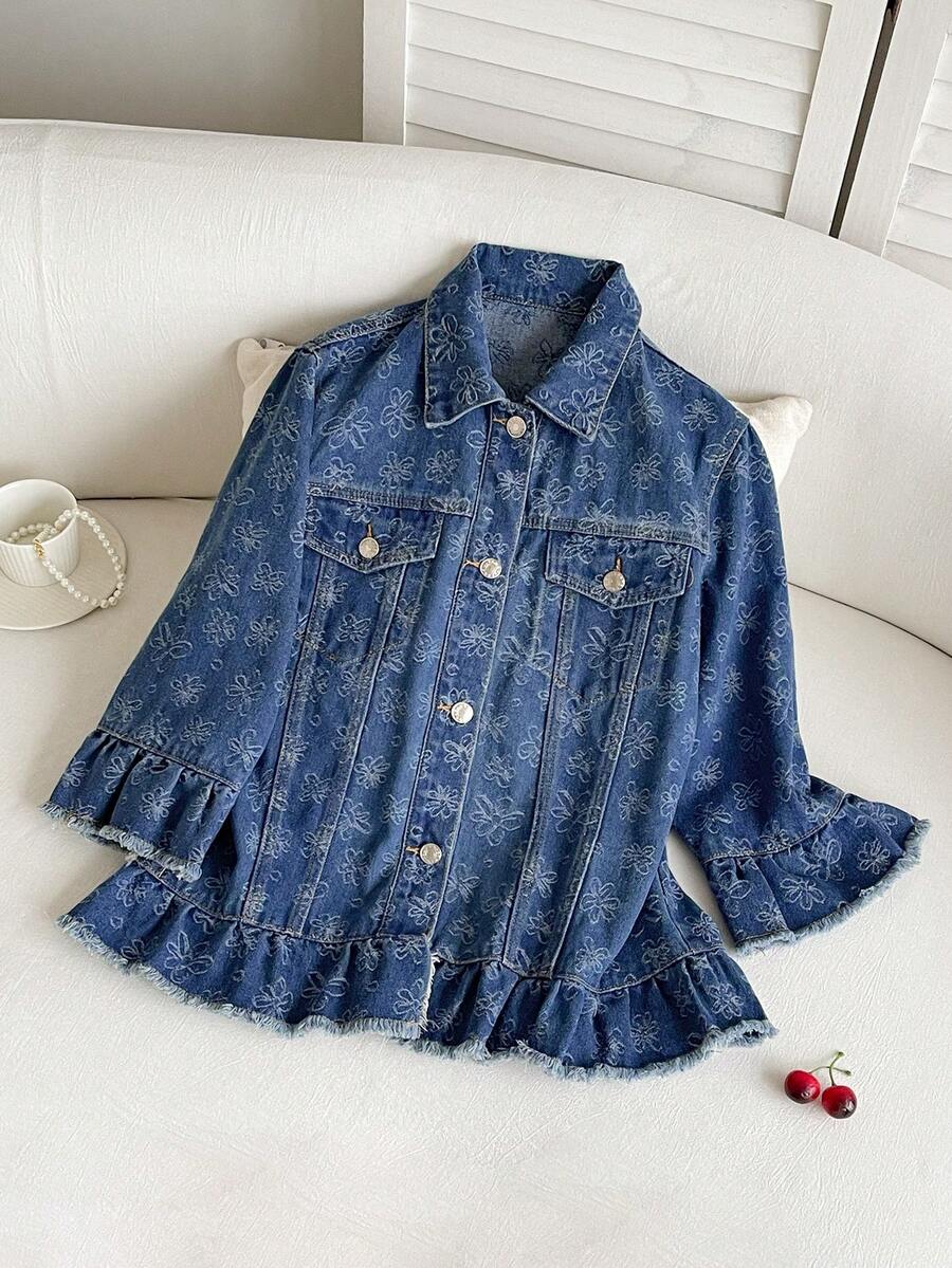 Elamini Women's Casual Floral Print Denim Jacket With Ruffle Hem, Suitable For Spring And Autumn, Fashion Resort Style - Blue - View 1