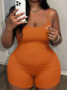Slaydiva Plus Size Casual & Sports Sleeveless Solid Color Jumpsuit, Textured Ribbed Lightweight Fabric, Short Style For Women, Spring/Summer - Orange - View 1