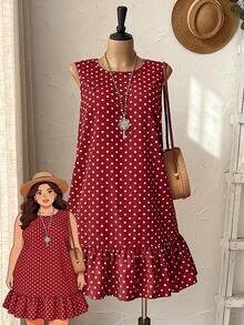 EMERY ROSE Plus Size Round Neck Sleeveless Polka Dot Red And White,Summer,Casual,Vacation,Holiday Ruffle Hem Dress For Women,Spring Beach Festival Outfits - Burgundy - View 1