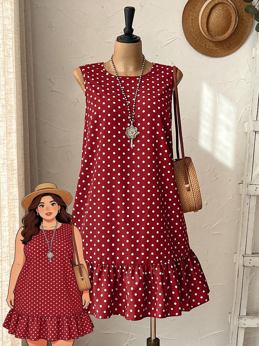 EMERY ROSE Plus Size Round Neck Sleeveless Polka Dot Red And White,Summer,Casual,Vacation,Holiday Ruffle Hem Dress For Women,Spring Beach Festival Outfits - Burgundy - View 1