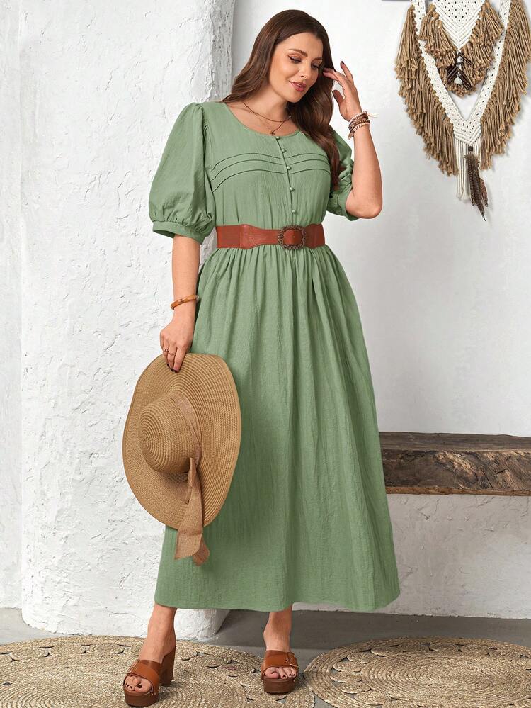 Plus Size Women's Casual Vacation Round Neck Mid-Sleeve Short Sleeve Long Green Dress, Spring/Summer, Plus Size Women's Summer Casual Vacation Country Solid Color Round Neck Mid-Sleeve Short Sleeve Long Green Dress, Spring/Summer,Summer\Vacation,Summer Holiday,Spring Break Outfits ,Vacation Outfits Women ,Holiday Outfits For Women,Going Out Outfits,2026 New Clothes,Simple And Fashionable For Everyday Wear,Suitable For Summer, Vacation, Daily Wear,Suitable For Summer, Vacation, Daily Wear,Dresses For Women,Flowy Dress ,Beach Outfits For Women,Casual Vacation Boho Dress,Gifts For Mother
