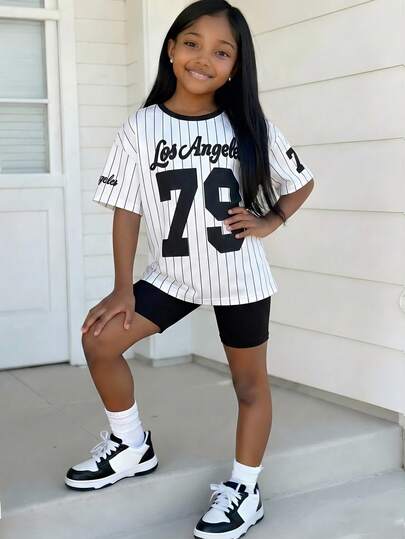 Young Girls' Numeric Print Jersey T-Shirt + Black Knit Leggings Casual Daily Fashion Matching Outfit, Suitable For Outing, Photography, Camping, Sports