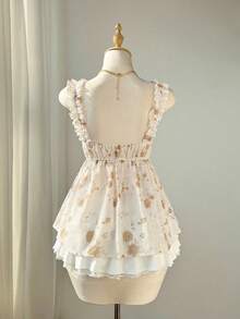 Elamini 女士粉色花卉蕾丝V领开衫，配蝴蝶结、荷叶边下摆和不规则腰线设计，性感甜美可爱浪漫海滩度假风吊带衫 - 彩色 - 查看 2