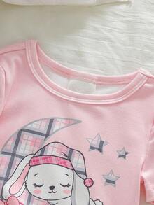 SHEIN 两件套女童贴身睡衣套装，粉色可爱云朵、月亮和兔子印花短袖上衣和裤子。 - 粉色 - 查看 3