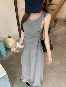 DAZY 女士纯色修身腰部褶裥抽绳背心和阔腿裤休闲运动度假夏季两件套家居服套装 - 灰色 - 查看 5