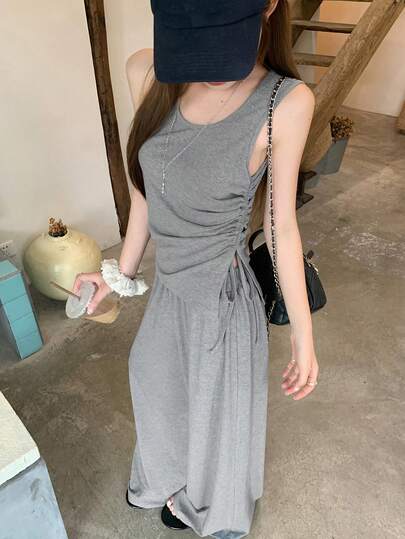 DAZY Bộ đồ thể thao mùa hè 2 món dành cho nữ, gồm áo ba lỗ ôm eo xếp ly có dây rút và quần ống rộng, màu trơn, thích hợp cho hoạt động thể thao, nghỉ mát.