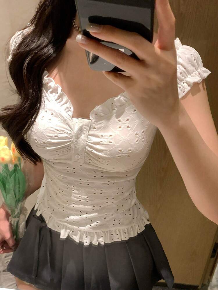 Women's Solid Color Textured Hollow Out Frill Trim Off-Shoulder Casual Summer Top