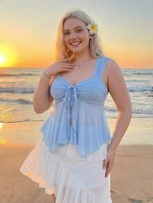 SHEIN MOD Plus Size Asymmetric Hem Mesh Blouse In Light Blue,Bow Tie Design,Summer Tropical Beach Holiday Outfit,Sweet Retro Style Top For Women - Baby Blue - View 8