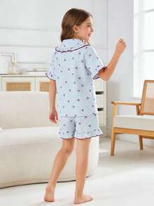 Genkimix Kids Tween Girls Pajamas Set, Comfortable & Fashionable Plaid & Cherry Print With Ruffle Design, Short Sleeve Top And Shorts, Elegant Sleepwear - Blue - View 2
