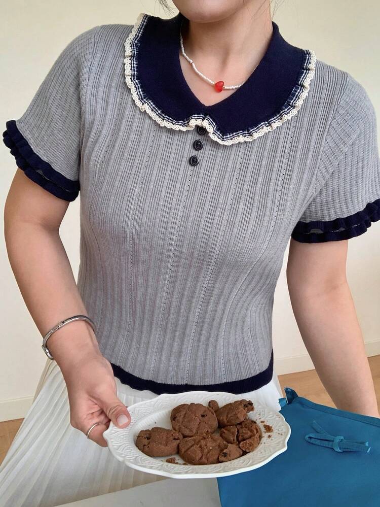 Dazy Plus Color Block Patchwork Peter Pan Collar Casual Fitted Cropped Plus Size Women Short Sleeve Spring/Summer Knit Top