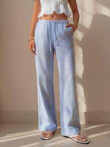 SHEIN ICON 娇小女士粉白条纹休闲家居裤，适合春夏穿着 - 藍色 - 查看 2