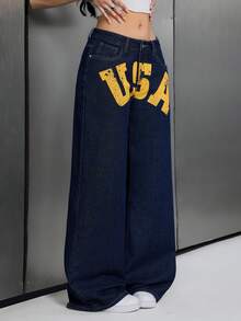 SHEIN 女士印花直筒阔腿牛仔裤，休闲街头风，春夏款 - 深色水洗藍 - 查看 4