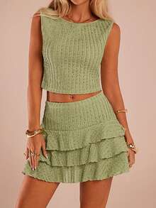 SHEIN Forever 21 Conjunto de 2 piezas de top de punto sin mangas liso y falda, moda minimalista para mujer - Verde - Ver 1