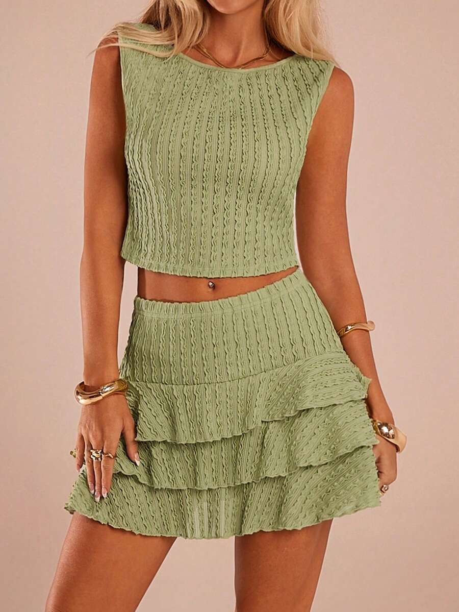 SHEIN Forever 21 Conjunto de 2 piezas de top de punto sin mangas liso y falda, moda minimalista para mujer - Verde - Ver 1