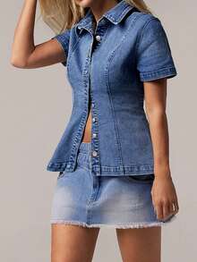 Forever 21 Women's Short Sleeve Single-Breasted Casual Denim Blouse - Blue - View 3