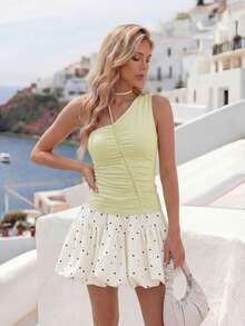 Opuloom 女士时尚露背系带不对称露肩修身针织短款上衣，适合日常外出、度假、派对及各种场合。 - 黃色 - 查看 1