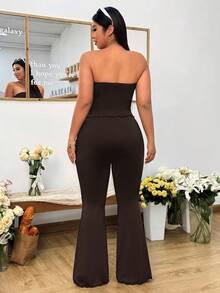 Solflare 2 piezas Conjunto de top corto y jeans acampanados talla grande en color marrón, conjunto de primavera/verano para mujer - Café integral - Ver 2