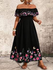 Breezaya Plus Size Black Off-Shoulder Ruffle Hem Floral Print Summer Boho Vacation Holiday Dress,Elegant Beach Casual Resort Wear Spring Outfits For Women - Black - View 4