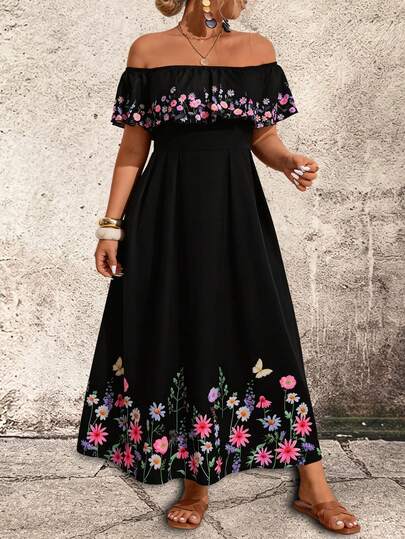 Breezaya 大码露肩荷叶边印花连衣裙