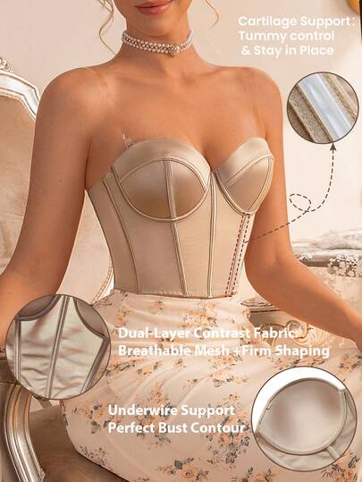 Myrelith Women Solid Color Minimalist Shiny Smooth Boning Bustier Bra Sexy Mesh Patchwork Tummy Control Push Up Underwire Shapewear Bodysuit Bra Can Be Worn Outerwear Strapless Camisole Top Corset Top Strapless Top Corset Bra Strapless Bra Tube Top Built In Bra Wedding