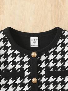 SHEIN Serisse Kids 两件套少女休闲正式优雅返校套装，黑白撞色珍珠纽扣上衣搭配直筒撞色长裤，返校季必备，少女风穿搭 - 黑與白 - 查看 8