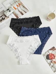 SHEIN 女士纯色撞色蕾丝蝴蝶结装饰内裤 - 彩色 - 查看 1