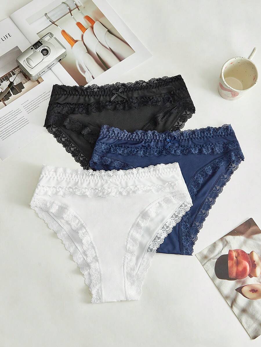 SHEIN 女士纯色撞色蕾丝蝴蝶结装饰内裤 - 彩色 - 查看 1
