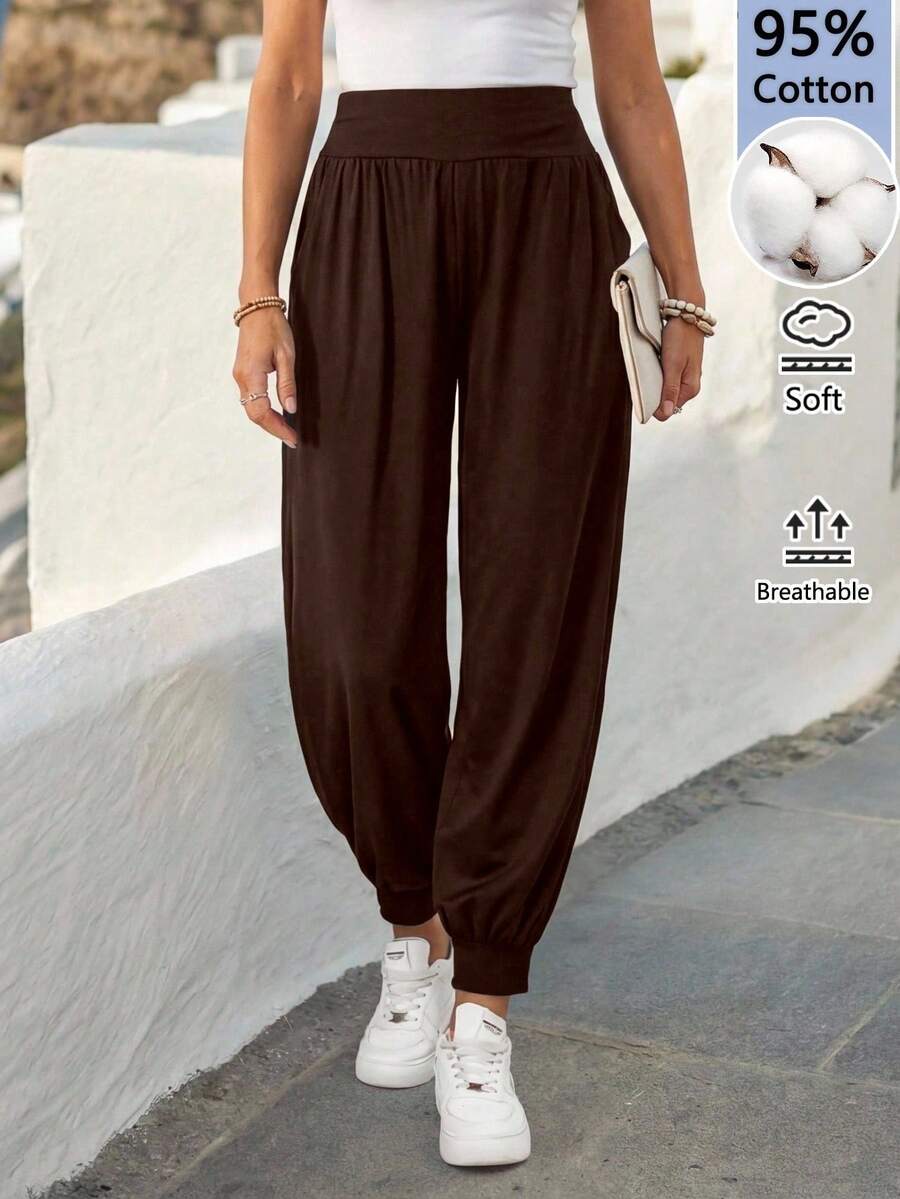 EMERY ROSE Quần nữ dáng rộng, màu trơn, xếp ly, có túi, dây rút, chất liệu 95% cotton, kiểu dáng thường ngày; Quần harem nữ; Quần rộng, quần cạp chun; Quần thường ngày; Quần hè; Quần thường ngày; Quần harem; Quần thể thao nữ; Quần đen nữ; Quần rộng; Quần áo nữ mùa thu; Trang phục đi học. - Màu nâu Sô-cô-la - Xem 1