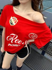 DAZY 女士不对称露肩印花T恤 - 紅色 - 查看 9