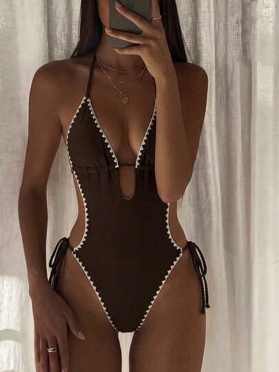 Swim Chiccia 2026SS New Women's Swimwear Arrival For Holiday, Date, Western, Cruise, Beach, Island, Road Trip, All Seasons, Music Festival, Boho Vacation,Bohemian Vacation, Chill Autumn Boho Y2K Elegant Vintage Casua Shiny Brown Shell Trim Elegant Sexy Vacation Casual Beach Dress For Women