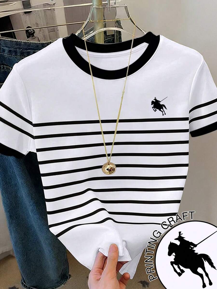 Franclia Kaos Wanita Lengan Pendek Bergaris Motif Ksatria Blok Warna Kasual Kerah Bulat - Putih - View 1