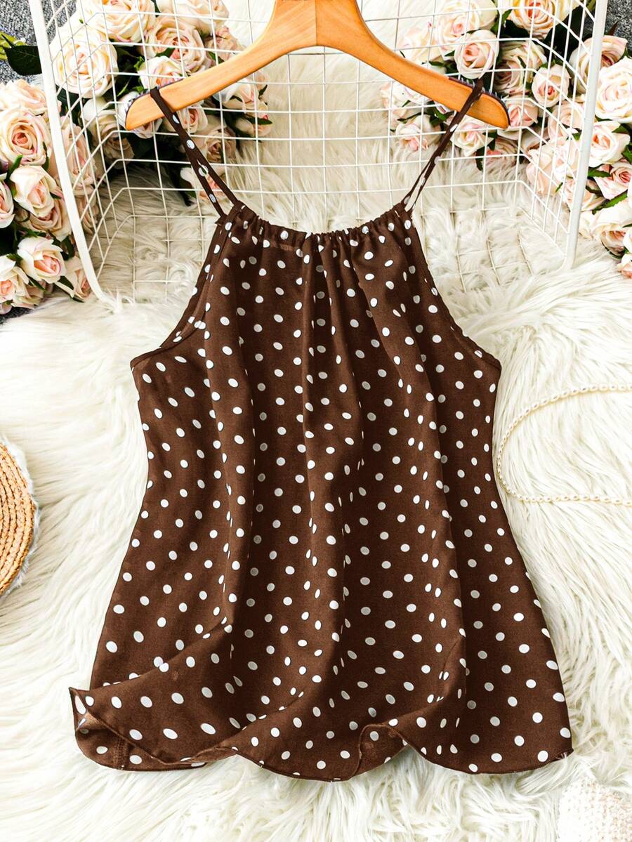 SHEIN LUNE Kamisol Kasual Motif Polkadot untuk Wanita Ukuran Besar - Coklat - View 1