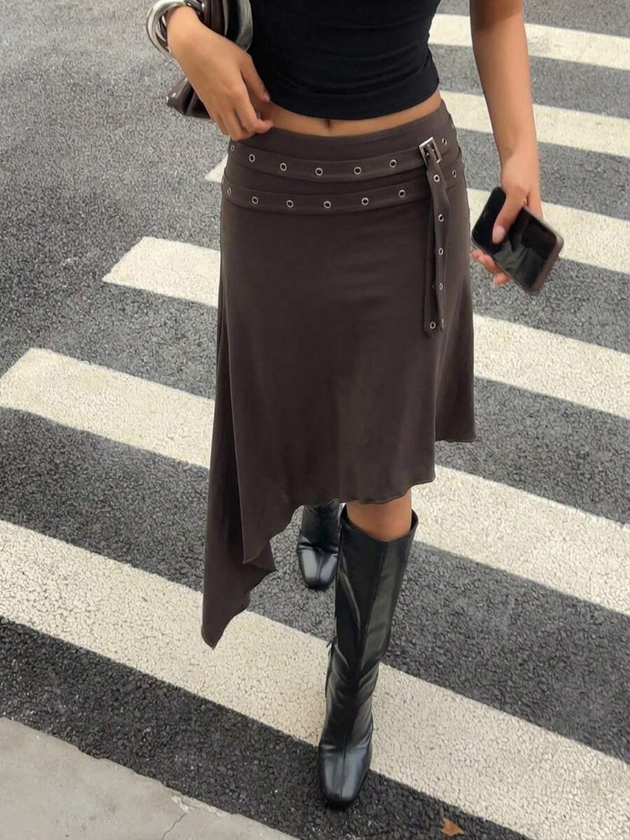 Aloruh Women's Spring/Summer New Solid Brown Y2K Asymmetric Double-Layer Waist Belt Skirt, Suitable For Outings, Music Festivals - Brown - View 1