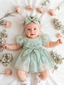 SHEIN Gaun Romper Bayi Perempuan Baru Lahir dengan Bando Pita, Ukuran 0-3 Bulan, Pakaian Fotografi Bayi Warna Kuning untuk Musim Semi dan Musim Panas - Hijau - View 8