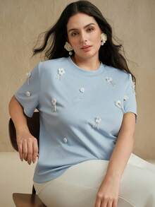 Anewsta Women's Handmade Beaded Floral Loose Casual T-Shirt - Blue - View 6